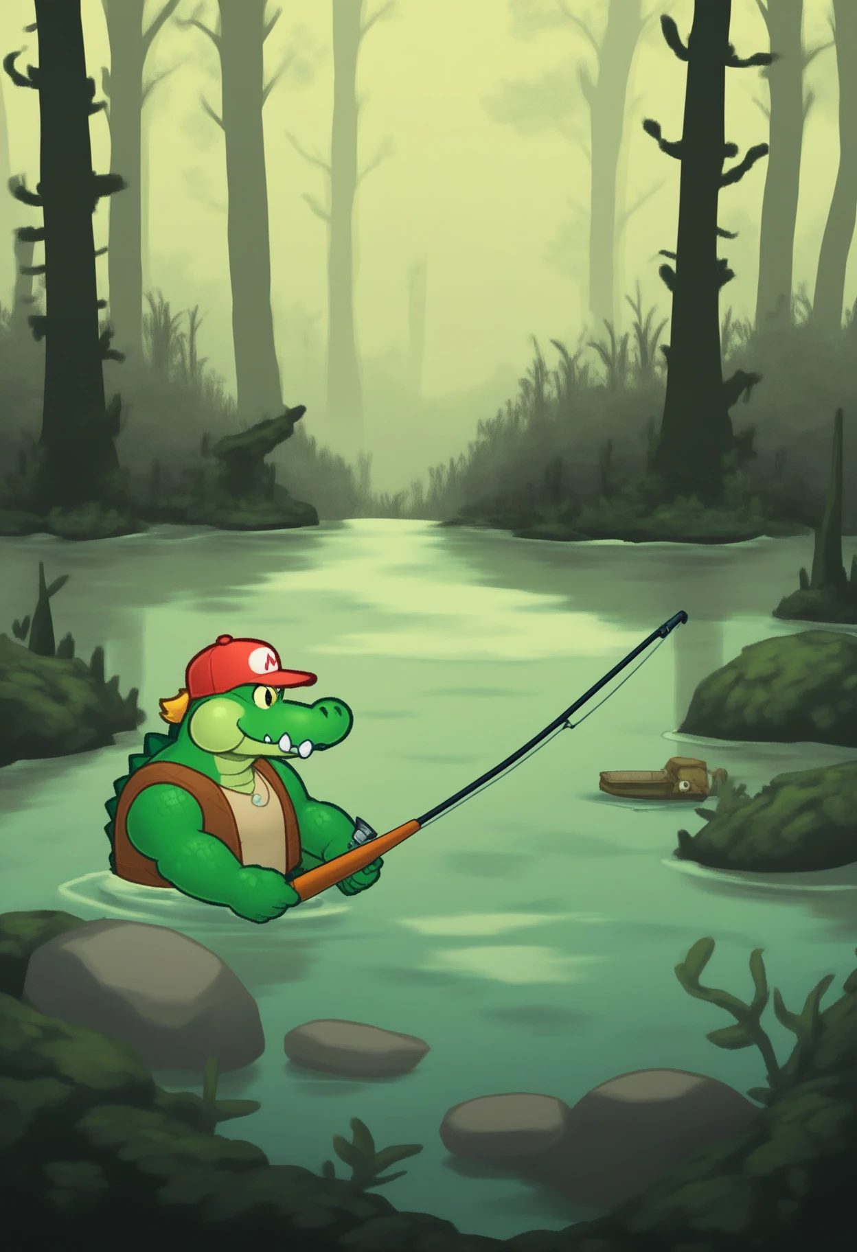 papermariostyle, score_9, score_8_up, score_7_up, 1boy, solo, crocodile, muscular, fishing, holding, fishing rod, swamp, baseball cap, partially submerged, vest