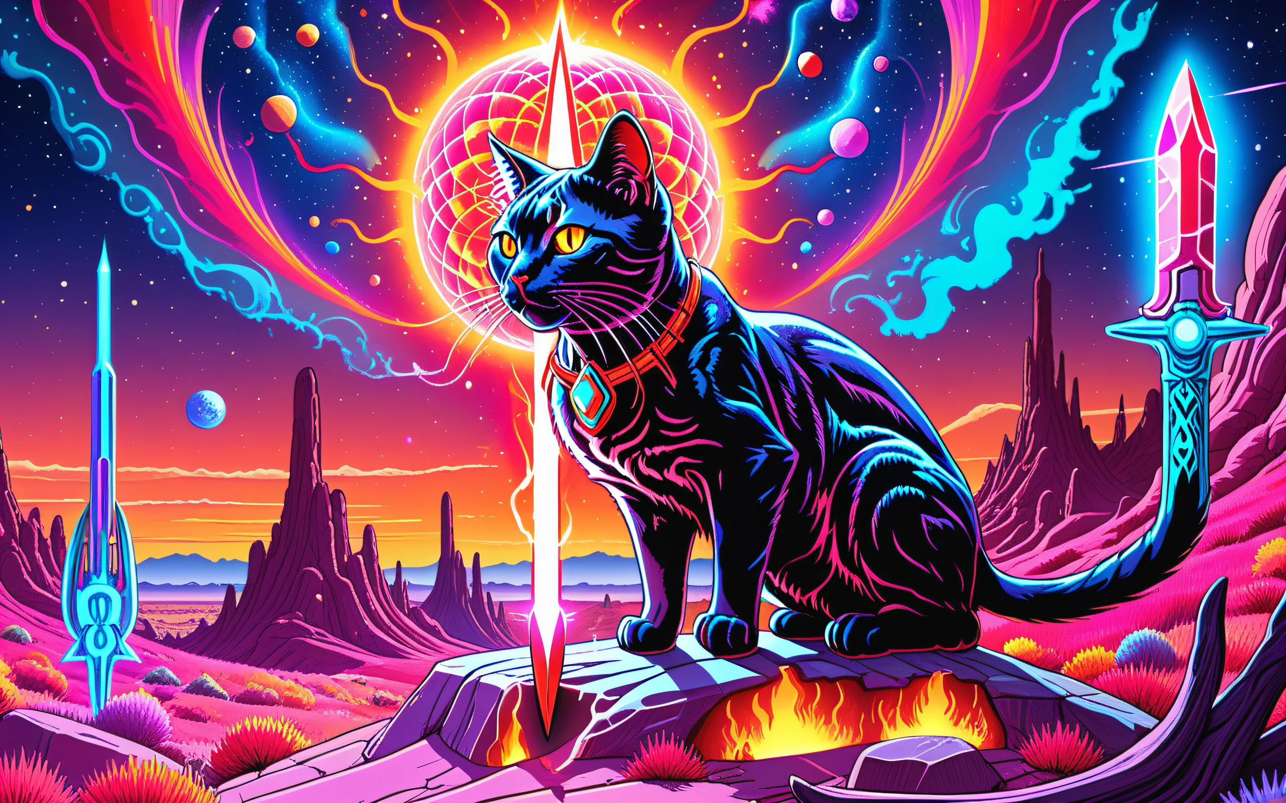 ((cosmic cat)) , <lora:Projext_X2:0.6>lsd-art, trippy, color line art, landscape of a Charred 1950S Suburbia (Bir:1.1) and Mystical Dagger, Pulsar background, Hopeful, Beautifully Lit, and electric red hue, trending on artstation, landscape art stylized by Richard Bergh, pixabay, magical composition, glossy, advanced cinematic perfect light, inspired, imposing