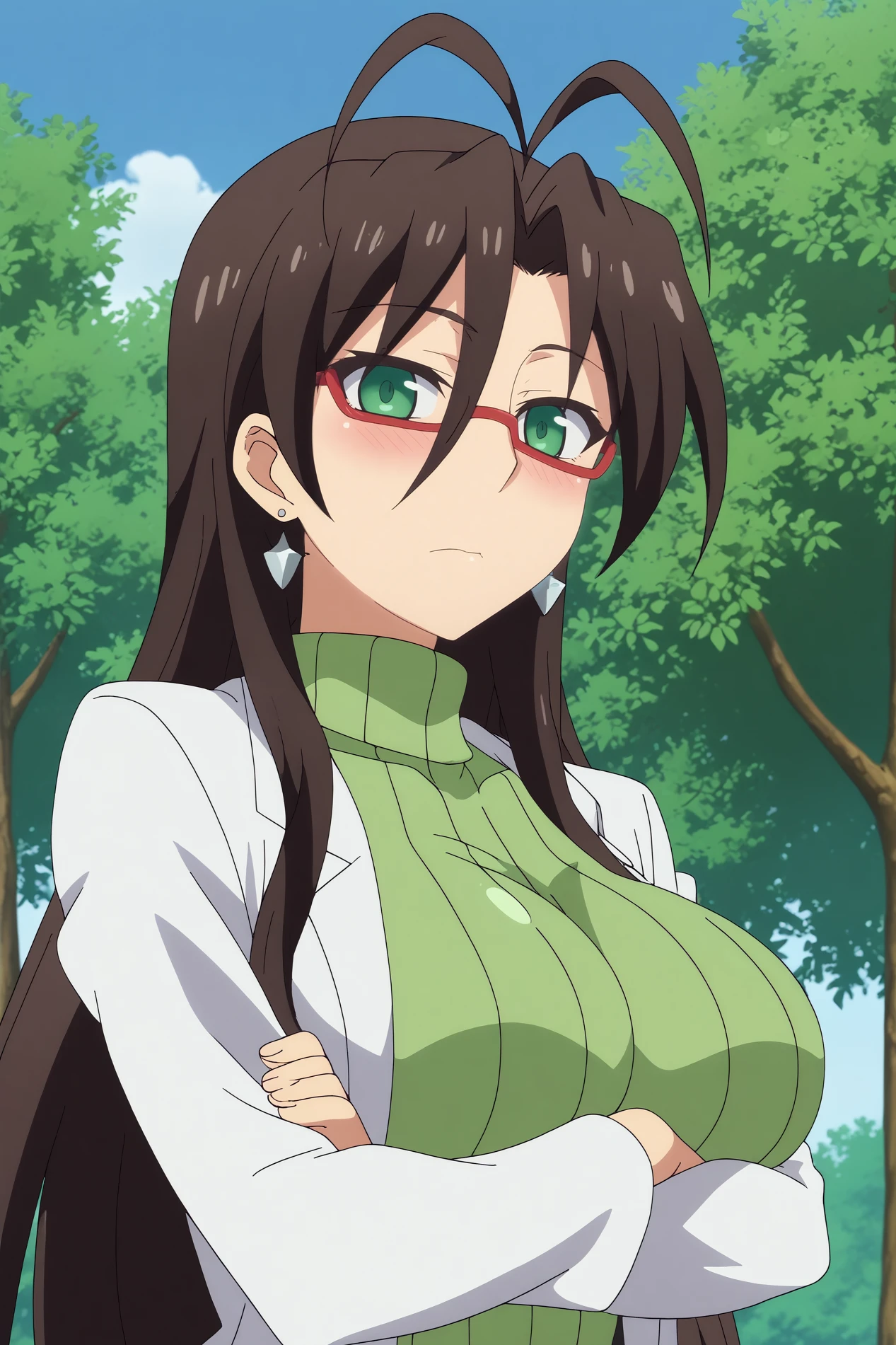  chisato hasegawa,1girl,mature,glasses,smile,blush,solo,earrings,antenna hair,red-framed eyewear,sweater,breasts,labcoat,large breasts,mole,turtleneck,looking at viewer BREAK outdoors,forest,blue sky,tree  Pouting with crossed arms,  <lora:Chisato_Hasegawa_-_Shinmai_Maou_no_Keiyakusha.safetensors:0.8>