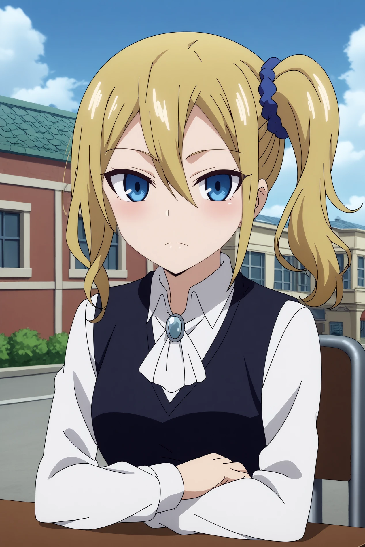  ai hayasaka,1girl,long hair,blue scrunchie,hair scrunchie,hair between eyes,hair ornament,side ponytail,looking at viewer,school uniform,collared shirt,black vest BREAK outdoors,blue sky,city,cloud,restaurant  Tilting head to the side with a flirtatious glance,  <lora:Ai_Hayasaka_-_Kaguya-sama_Love_is_War.safetensors:0.8>