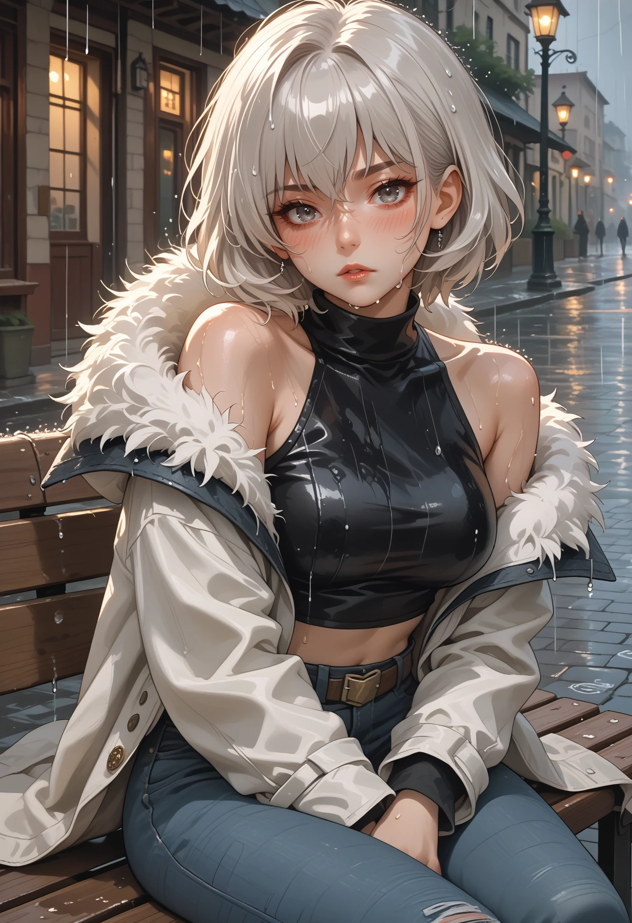 score_9, score_8_up, score_7_up, source_anime, 1girl, sitting, parted lips, looking at viewer, blush, <lora:SomaCV-pdxl:1> soma, white hair, short hair, grey eyes, white coat, off shoulder, long sleeves, crop top, black shirt, bare shoulders, large breasts, fur trim, brown belt, jeans, wet, bench, cobblestone, rain