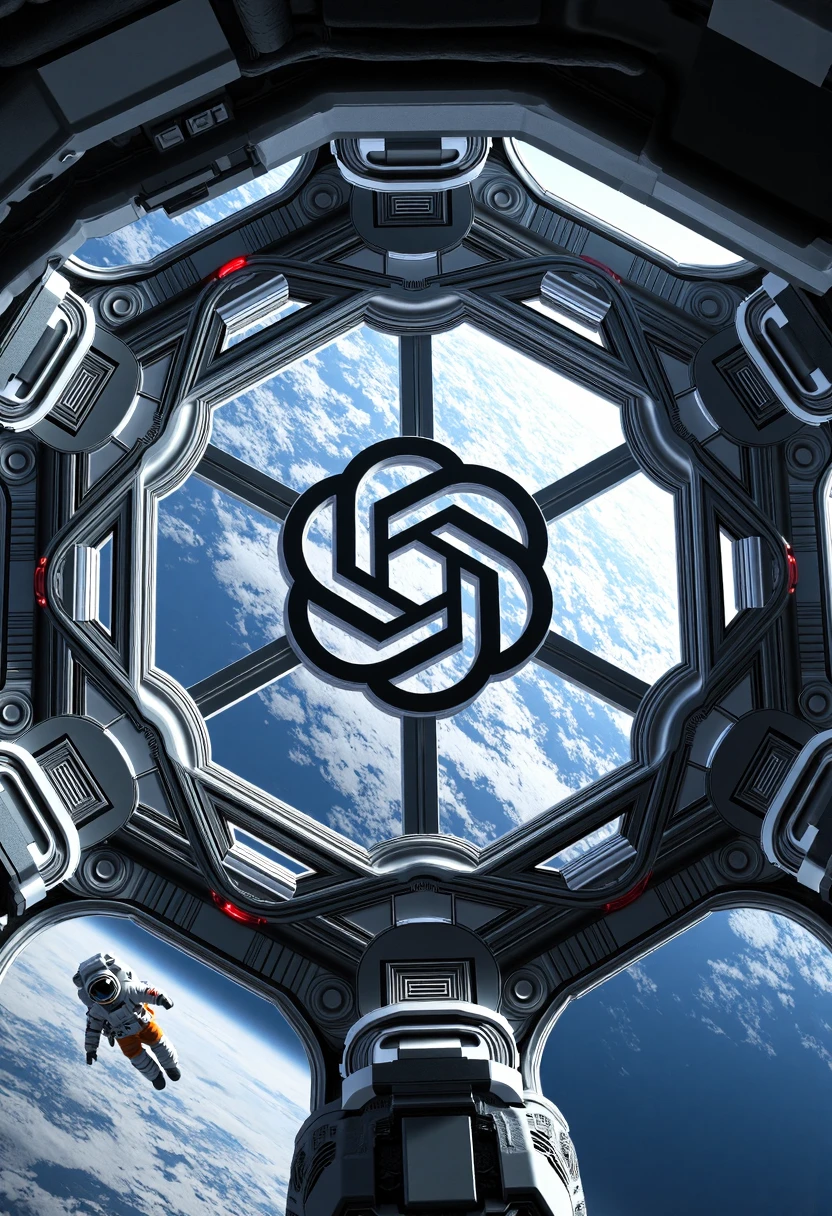 Futuristic space station with the OpenAi logo as its central structure, Earth visible through large windows, astronauts floating in zero gravity nearby.