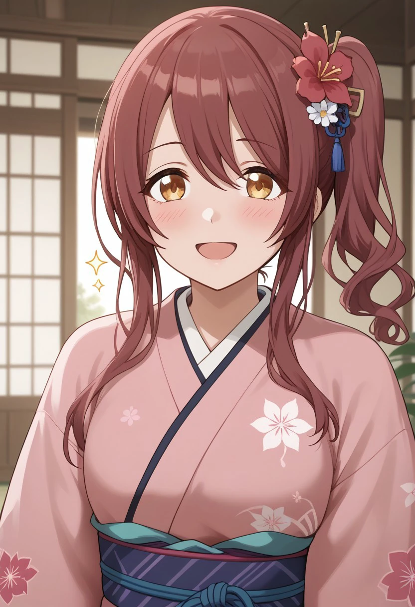 (masterpiece), best quality, expressive eyes, perfect face,  japanese clothes, kimono, side ponytail, looking at viewer, hair ornament, open mouth , blush, smile, flower, pink kimono, sparkle, upper body, indoors, hair flower, plant, tenkaosaki