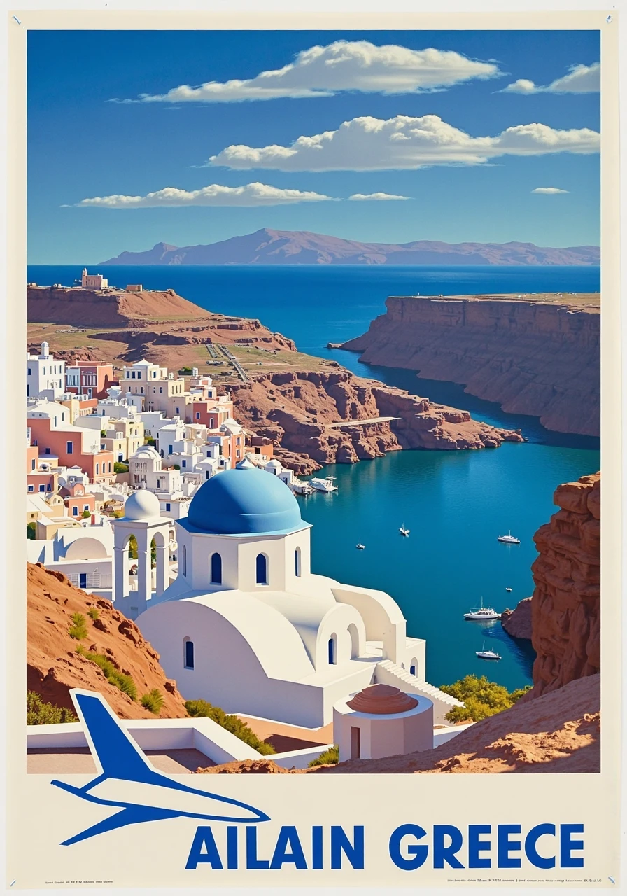 A picturesque travel poster for Greece, featuring Aegean Airlines. The design highlights the stunning white-washed buildings of Santorini against a brilliant blue sea, with ancient ruins in the background.