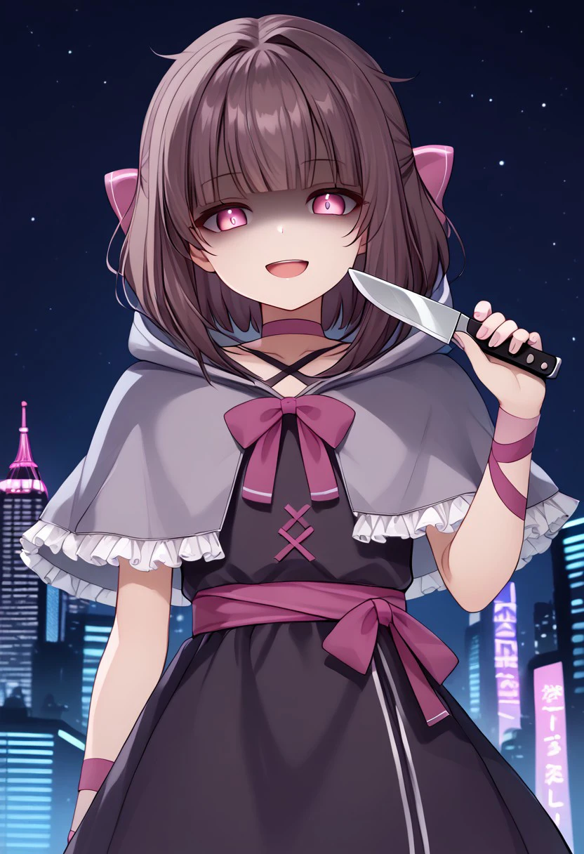 1girl, solo, highres, Shondo1st, bangs, pink eyes, hair bow, brown hair, medium hair, petite, sidelocks, flat chest, 
black dress, criss-cross halter, frilled dress, waist bow, pink bow, single wrist cuff, arm ribbon, pink ribbon, pink choker, chocolate, food-themed clothes, collarbone, grey capelet, hooded capelet, ((hood up,))
looking at viewer, looking down, smile, open mouth, yandere, shaded eyes, holding knife, head tilt, hand up, from below,
night, night sky, cityscape, neon lights, backlighting,