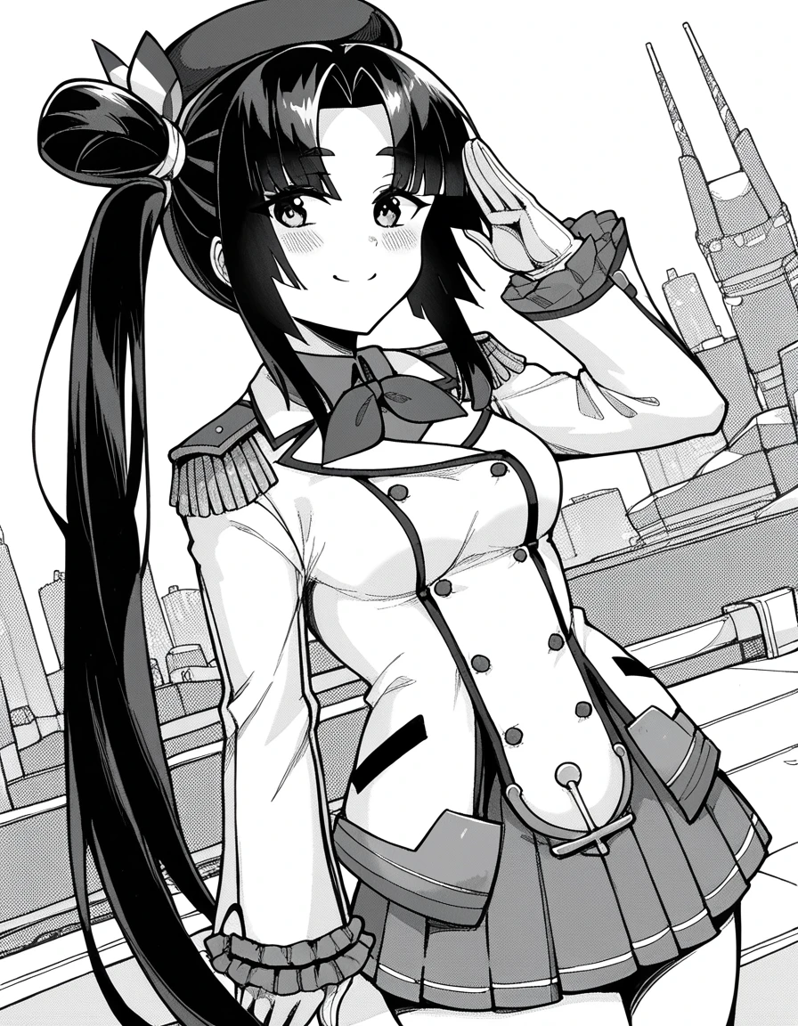 score_9, score_8_up, score_7_up, source_anime, <lora:pinta-ushikawamaru-manga-ponyxl-lora-nochekaiser:1>, ushiwakamaru pinta, long hair, bangs, black hair, very long hair, sidelocks, hair bun, side ponytail, parted bangs, monochrome, greyscale, medium breasts,, <lora:kashima-cosplay-ponyxl-lora-nochekaiser:1>, kashimacosplay, kashima (kancolle) (cosplay), beret, buttons, epaulletes, frilled sleeves, frills, gloves, grey skirt, hat, jacket, long sleeves, military, military uniform, miniskirt, pleated skirt, neckerchief, red neckerchief, skirt, uniform, white gloves, white jacket,, cityscape, street, smile, blush, salute, , cowboy shot, dutch angle