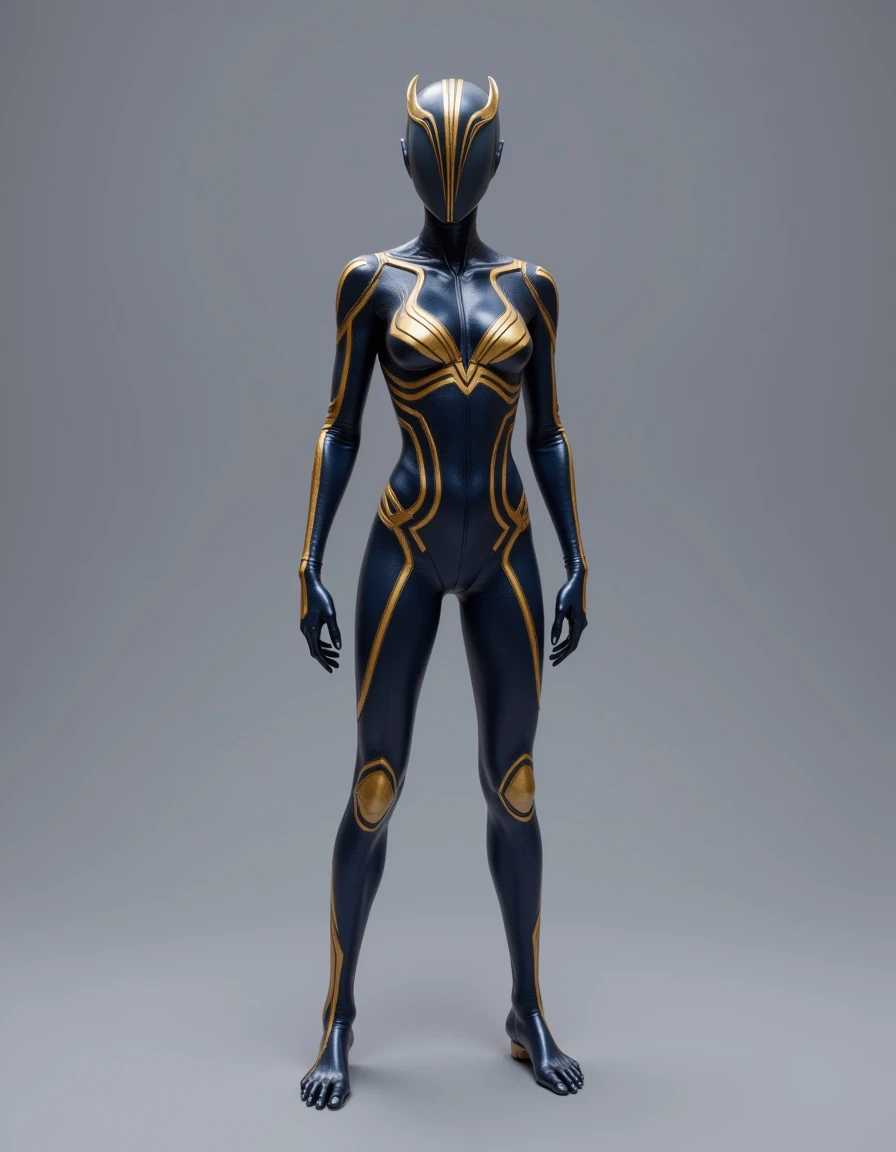 Hybrid_Hu_Al, The image is a high-resolution CGI rendering of a futuristic, humanoid character standing against a plain, gradient gray background. The character is dressed in a sleek, form-fitting suit that combines elements of armor and clothing. The suit is primarily a deep, dark blue color with intricate, glowing golden lines and patterns that cover the entire body, giving it a high-tech, futuristic appearance.