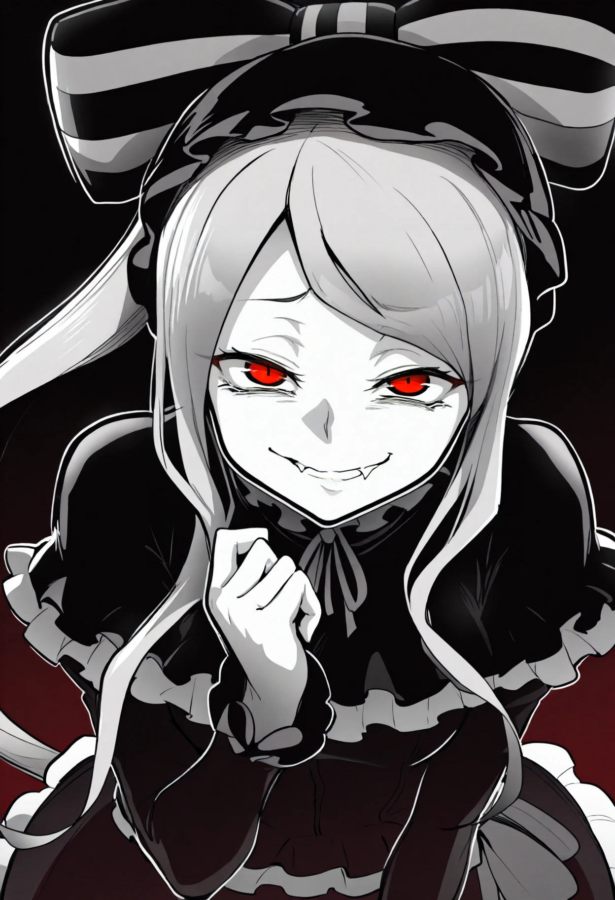 best quality, amazing quality, very aesthetic, absurdres,
monochrome, greyscale, ebiblue, gesugao,
1girl, shalltear, long hair, ponytail, red eyes, bow, black dress, frilled dress, long sleeves, fang, smile,
(glowing eyes:0.5), smile, looking at viewer, solo, black background  <lora:EbiblueIllustriousXL_byKonan:1>    <lora:ShalltearIllustriousXL_byKonan:1>