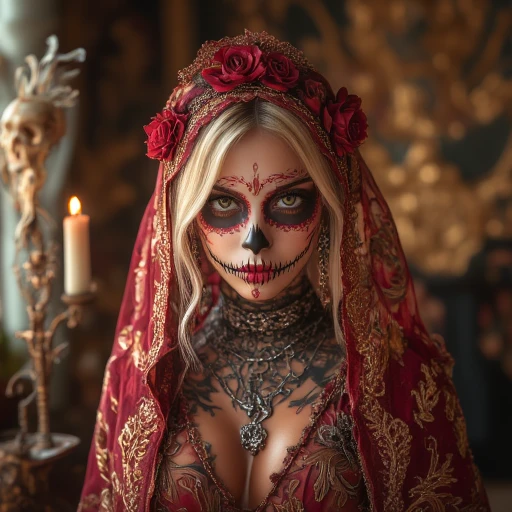 santa muerte, opulent room with rich, delicate white flowers. Her eyes are strikingly green with detailed, skeletal face paint in the style of a sugar skull, straight, suggesting a stylized, ornate skull in her hands, glowing elements of her outfit.   She wears a lavish, vibrant face paint in the traditional sugar skull (calavera) style, adding to the ethereal quality of the image., featuring a low-cut, and flowers around her eyes. She wears a bright red, hyper-realistic CGI artwork featuring a stylized, highly detailed digital illustration of a young woman with a striking, intricately embroidered shawl draped over her head and shoulders