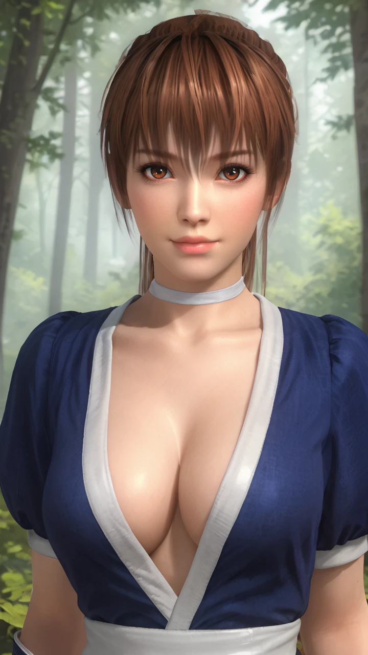 score_9, score_8_up, score_7_up, kasumidoa5lr, kasumioutfit, pelvic curtain, choker, forest, blurry background, 1girl, solo, long hair, ponytail, breasts, large breasts, cleavage, smile, looking at viewer <lora:kasumidoa5lrPONYXL:0.7>