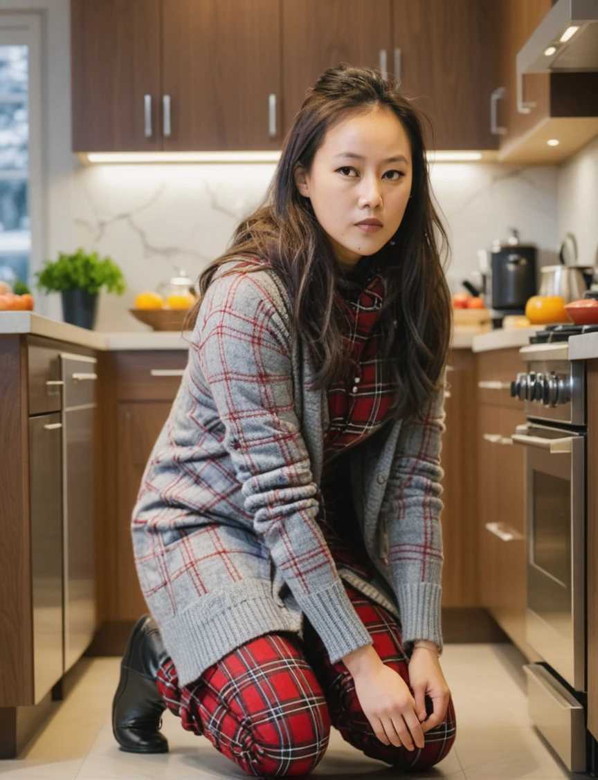 a professional sharp focus absurdres intricately detailed photograph of a beautiful Noémie_Nakai,
crouching in a luxurious modern kitchen and attempting to summon a demon, 
wearing plaid pants with a long knit cardigan sweater over a turtleneck long-sleeved shirt,
 <lora:Noémie_Nakai-SDXLe15:1>