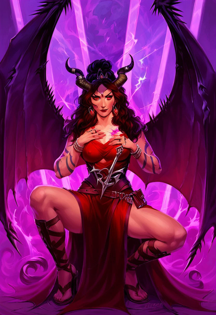 AreeluVorlesh,1girl,solo,wings,black hair,large breast,horns,demon girl,jewelry,tail,long hair,earrings,fingernails,demon wings,makeup,lipstick,bracelet,ring,hair ornament,dress,red dress,red eyes,sandal,brown hair,curly hair,tattoos,demon horns,belt,book,
,seductive pose,sexual pose,spread legs,
score_9, score_8_up, score_7_up, beautiful aesthetic, very intricate, high quality details,vibrant, highly detailed, award-winning, professional,anime artwork, anime style, studio anime, athletic, toned female,muscular milf,curvy body, athletic girl,fit girl, perky tits,huge breast,perfect tits, round breasts, nipple outline,looking at viewer, pinup pose,teasing, dynamic lighting, cinematic, smug, better than you, aura of temptation, highly detailed, high resolution, masterpiece, detailed clother, detailed background, highly detailed, ((sound effects)) comic layout,