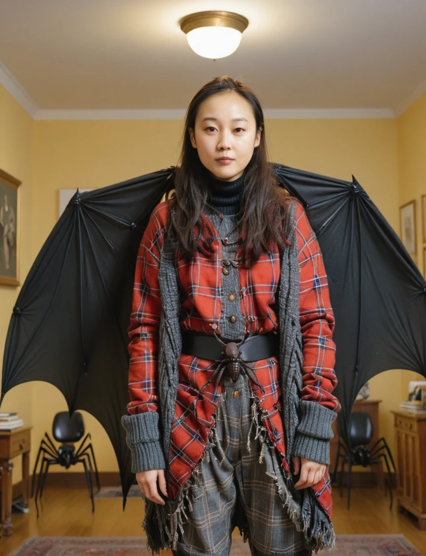 a professional sharp focus absurdres intricately detailed photograph of a beautiful Noémie_Nakai,
standing in a room full of  large bat-spider hybrids and petting them,
wearing plaid parachute pants with a long knit cardigan sweater over a turtleneck long-sleeved shirt,
 <lora:Noémie_Nakai-SDXLe15:1>