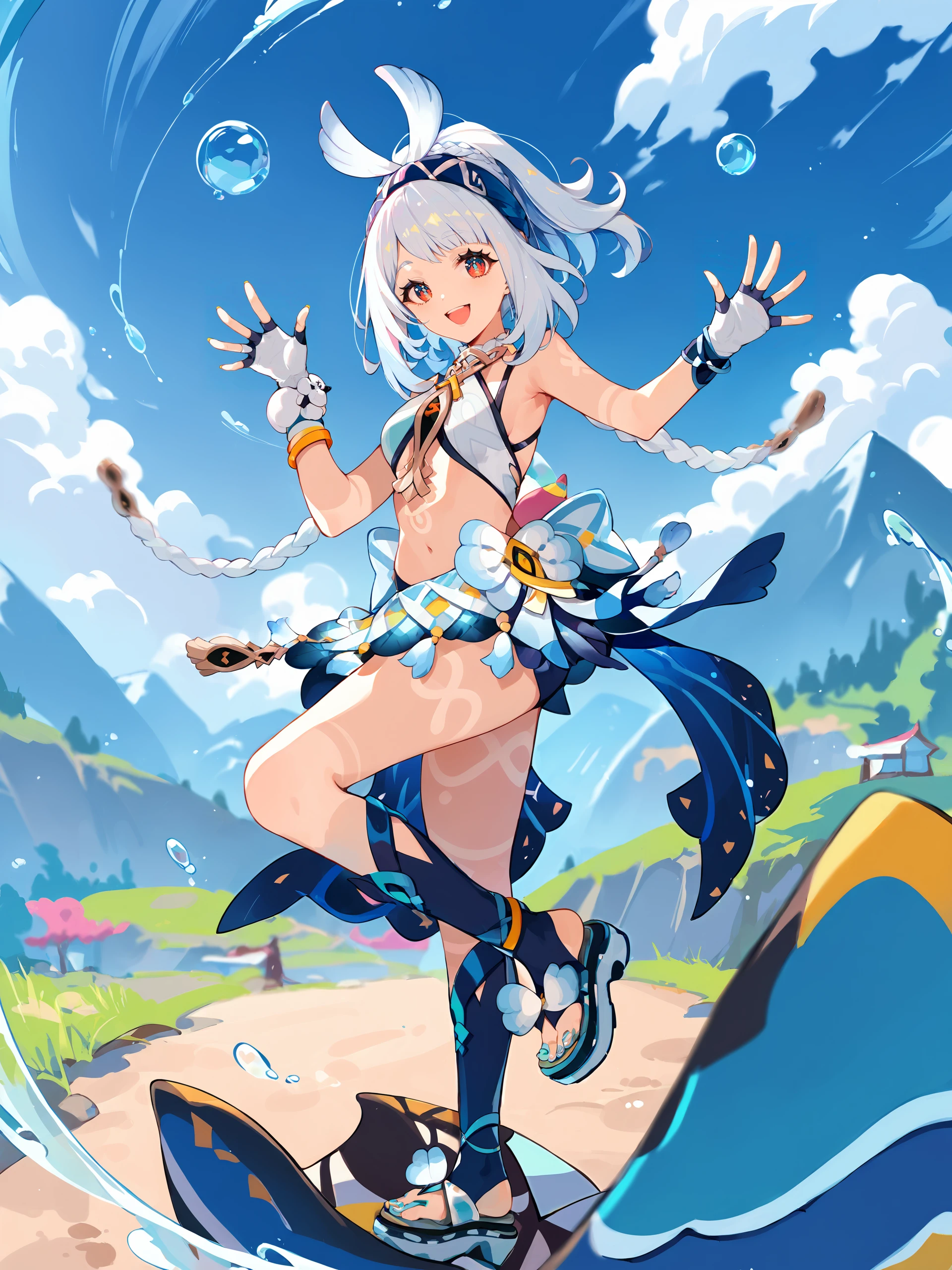 (Anime illustration of a girl with a rabbit motif. Squatting down. The effect of storing energy in the legs. The energy is blue and shining. The background is a scene in the mountains. Angle viewed from top to bottom. A serious expression. masterpiece, best quality, extremely detailed CG unity 8k wallpaper,