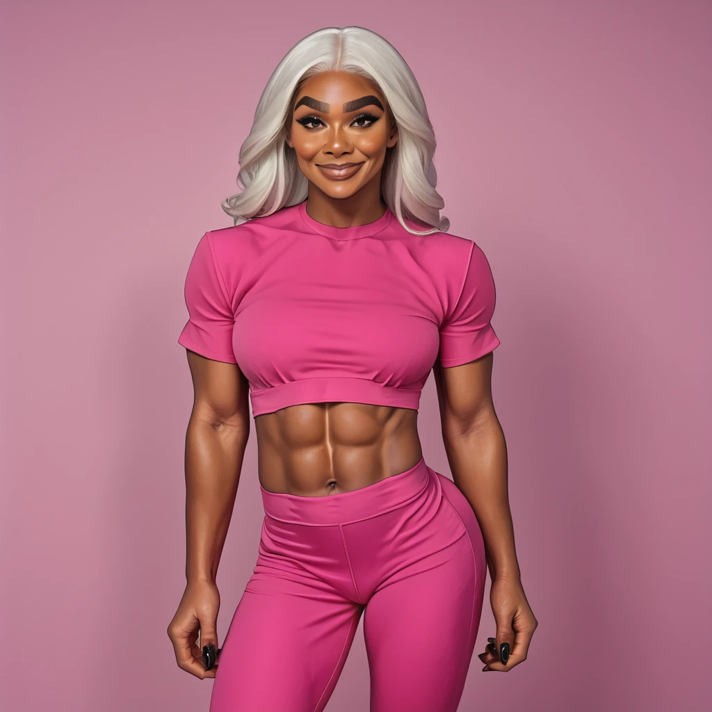 (bodybuilder zazie beetz showing closed teeth with flared nostrils and furrowed brows:1.5) in a (closed satin skintight buttondown band collar blouse:1.6), tight hairbun, (muscular arms), skintight satin pants,