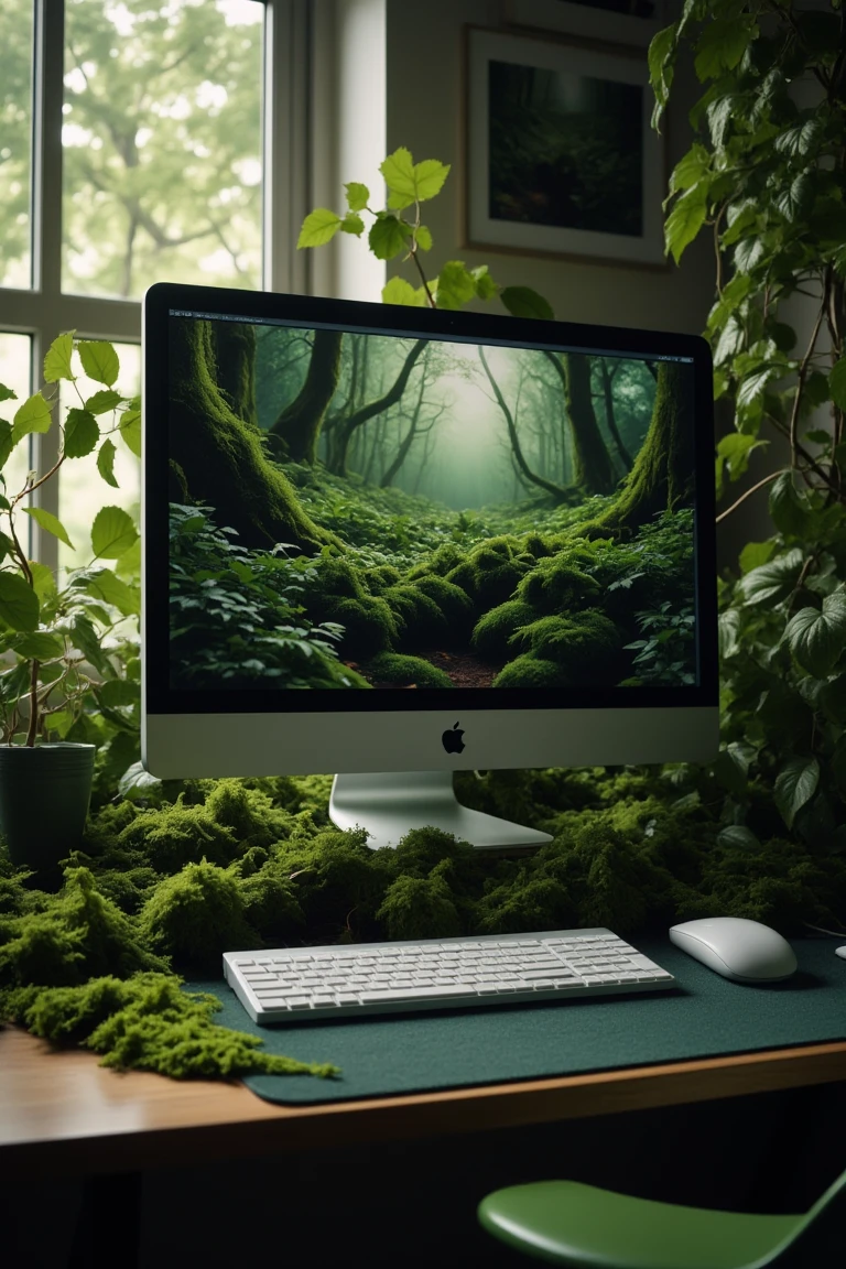 lush vegetation allover a desktop pc sitting on a desk