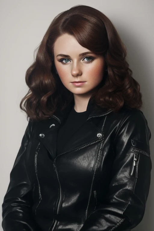 ,intricate, elegant, highly detailed, digital painting, artstation, concept art, smooth, sharp focus, illustration, brown hair, black jacket, Hannah Murray, round face, messy hair, freckles, owl themed latex COSTUME