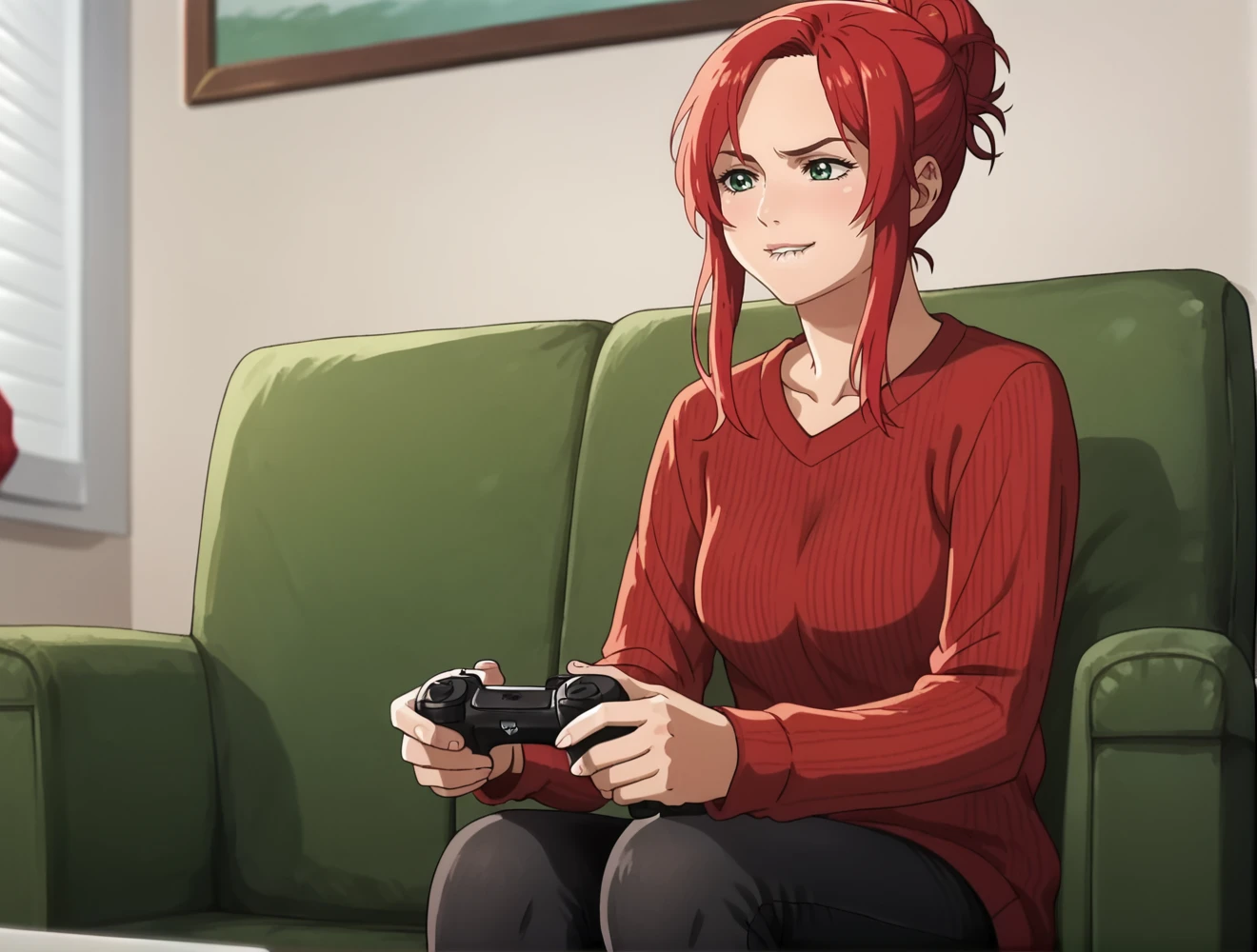 score_9, score_8_up, score_7_up, (anime coloring), anime screencap, clean outlines, <lora:HeraLOTR:0.9>, HeraLOTR, red hair, (huge bun hair), long bangs, messy hair, red striped sweater, black leggings, green eyes, sitting on couch, living room, holding controller, detailed background, realistic background, godrays, depth of field, shadows, unique angle, raised eyebrow, biting lip, movement lines, focused, eyes wide, <lora:controller_pony:0.4>