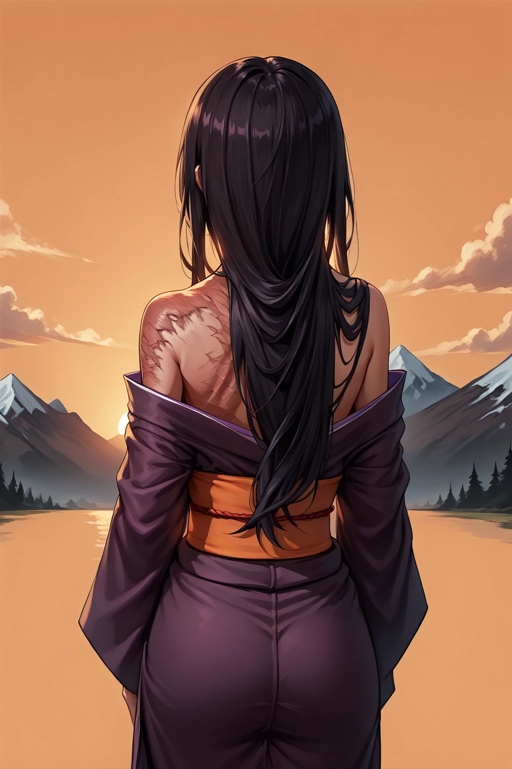 score_9, score_8_up, 1girl, solo, <lora:NSHanakoKatawa:1> NSHanakoMisc, black hair, scar on body, long hair, from behind, purple kimono, bare shoulders, sunset, orange background, mountains