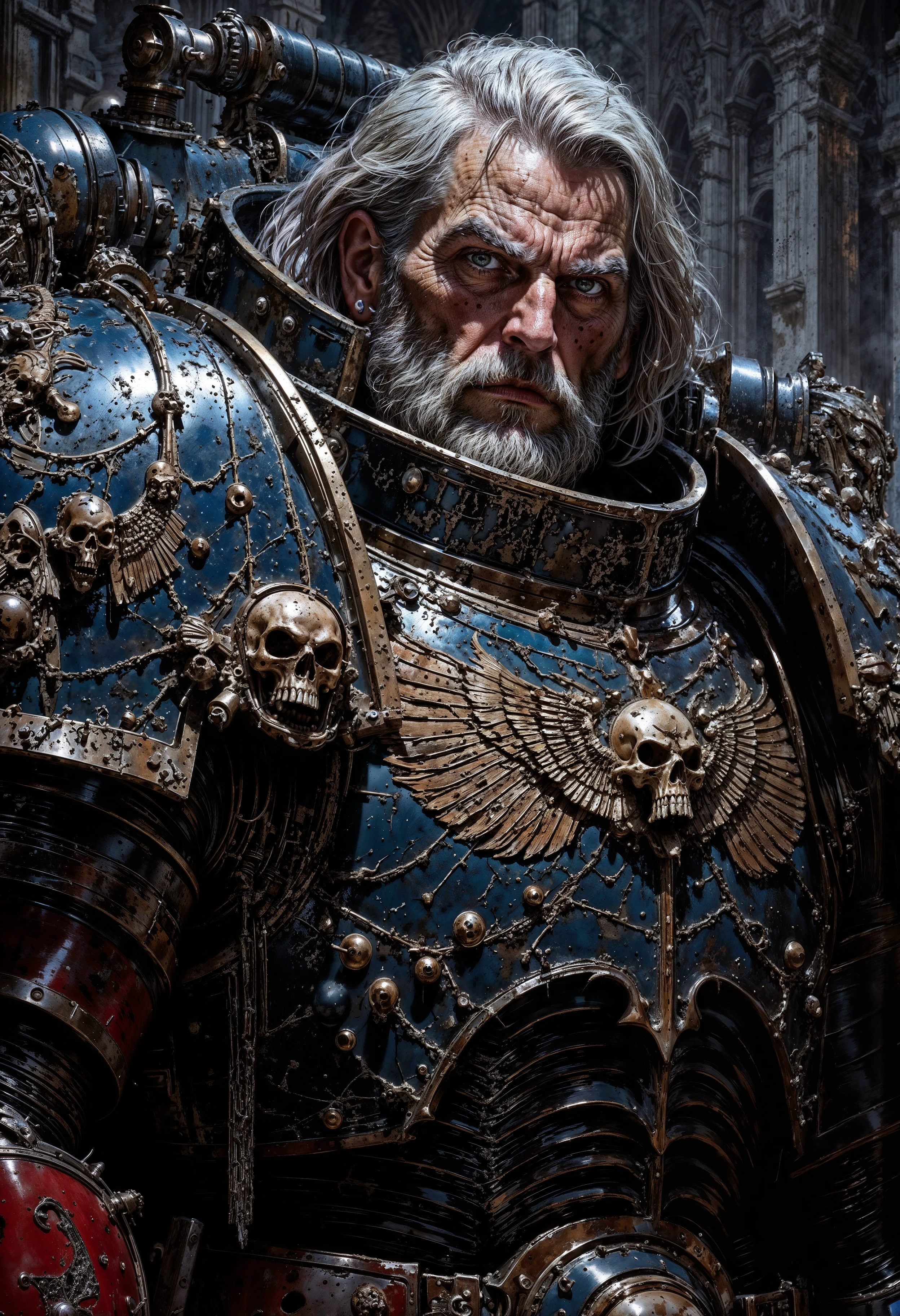 Highly detailed and realistic fantasy character in a dramatic shot. Epic cinematic depiction of a very old Paladin in full NightL40K power armor. He is bearded and his hair is going grey.  <lora:FluxNightL40K:1>  <lora:FluxMythP0rtr4itStyle:0.5>  <lora:sxz-Dark-Fantasy-v2-Flux:0.5>  <lora:flux_realism_lora:0.8>