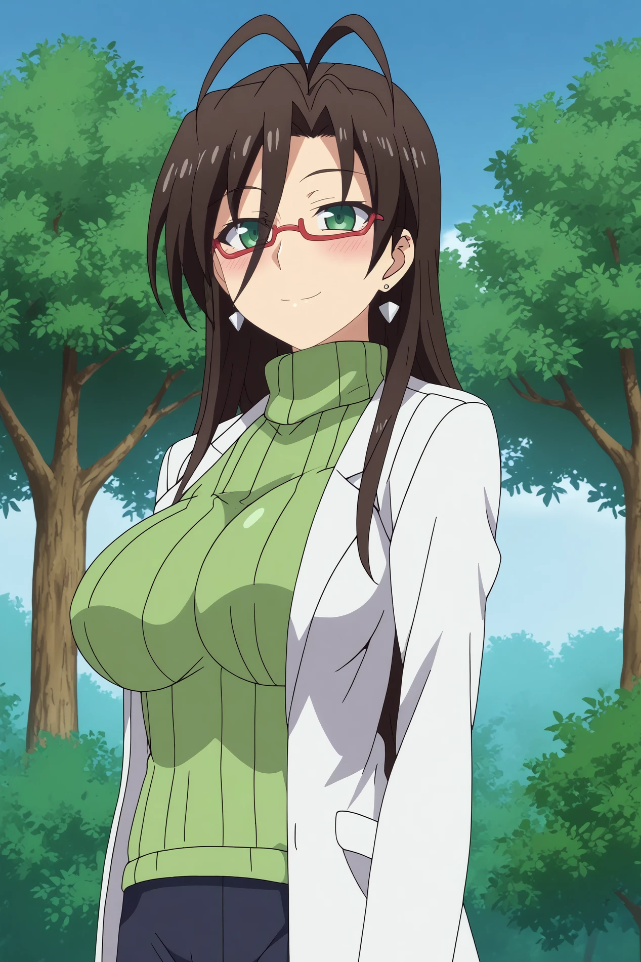  chisato hasegawa,1girl,mature,glasses,smile,blush,solo,earrings,antenna hair,red-framed eyewear,sweater,breasts,labcoat,large breasts,mole,turtleneck,looking at viewer BREAK outdoors,forest,blue sky,tree  Bending over with a teasing smile,  <lora:Chisato_Hasegawa_-_Shinmai_Maou_no_Keiyakusha.safetensors:0.8>