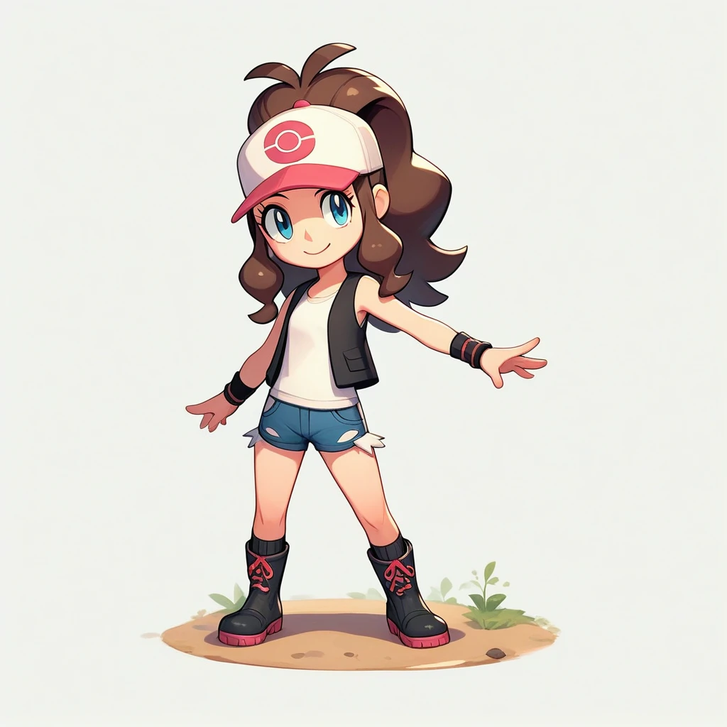 score_9, score_8_up, score_7_up, score_6_up, score_5_up, score_4_up, arartstyle, rating_safe, 1girl, hilda_(pokemon), solo, standing, full body, smile, baseball cap, ponytail, brown hair, long hair, blue eyes, black vest, white shirt, sleeveless, short shorts, denim shorts, knee boots, black footwear