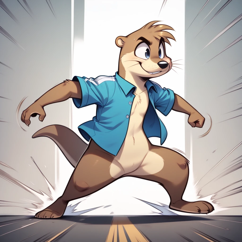 solo, anthro, toony, full body, otter, mustelid, side view, action pose, running, ambiguous gender, bottomless, open topwear, featureless crotch, speed lines, motion lines,  <lora:gosdoq_1.0Pony:1> <lora:Pony_QualityV4.0:1>