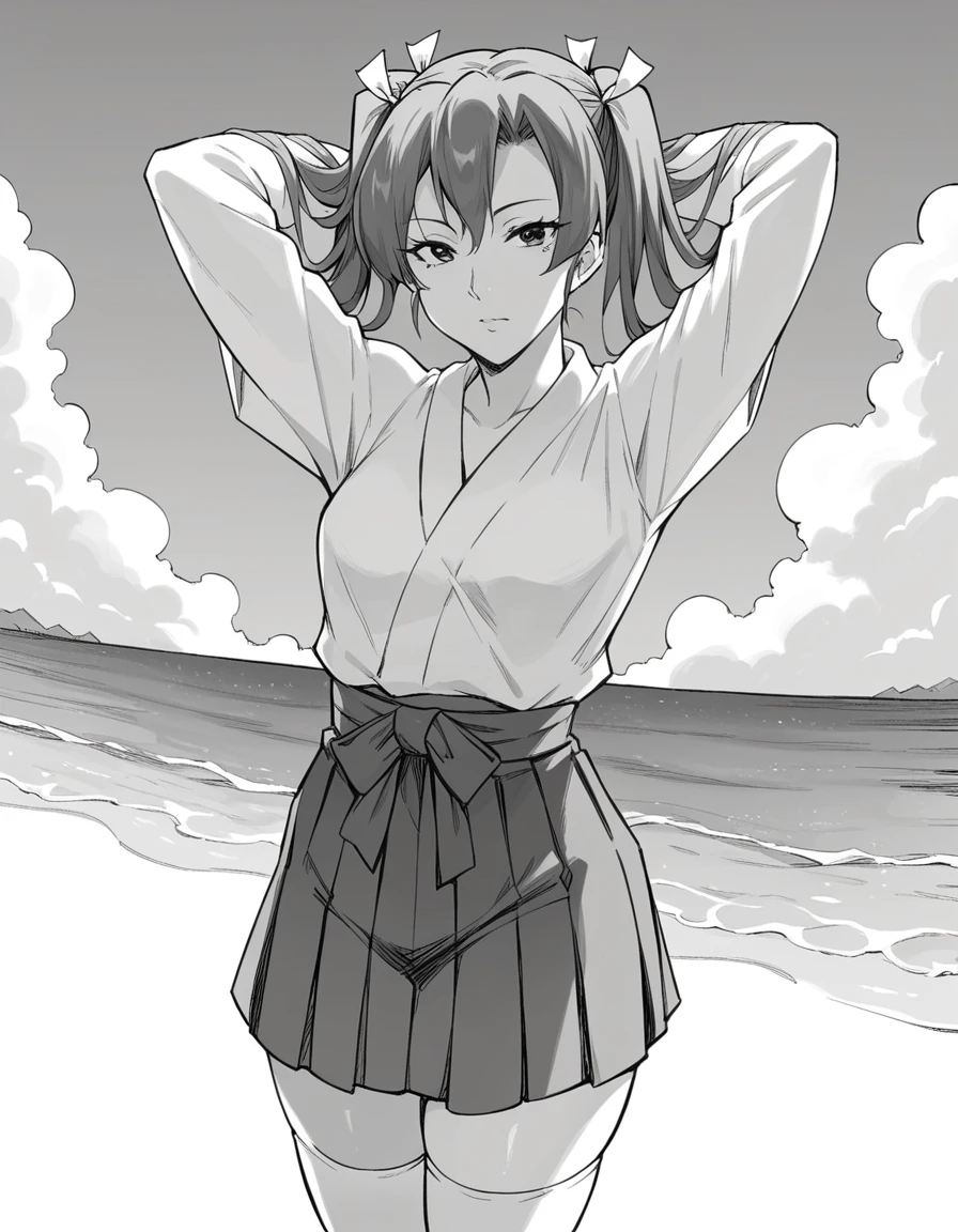 score_9, score_8_up, score_7_up, source_anime, <lora:gaffe-takaman-zuikaku-manga-ponyxl-lora-nochekaiser:1>, zuikaku, ribbon, twintails, monochrome, hair ribbon, greyscale, small breasts, mature female,, skirt, thighhighs, japanese clothes, hakama, hakama skirt, hakama short skirt,, beach, sand castle, swimsuit, summer vacation, ocean wave, hands behind head,, , looking at viewer, hands behind head,, solo,, cowboy shot, dutch angle