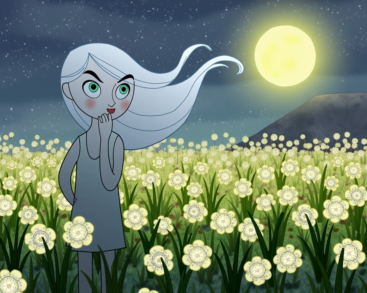 SecretKells, animated character Aisling SecretKells standing in a field of glowing flowers, under a bright full moon, her expression thoughtful and serene, soft wind blowing through the field, intricate flower designs glowing softly, fantasy and peaceful atmosphere.