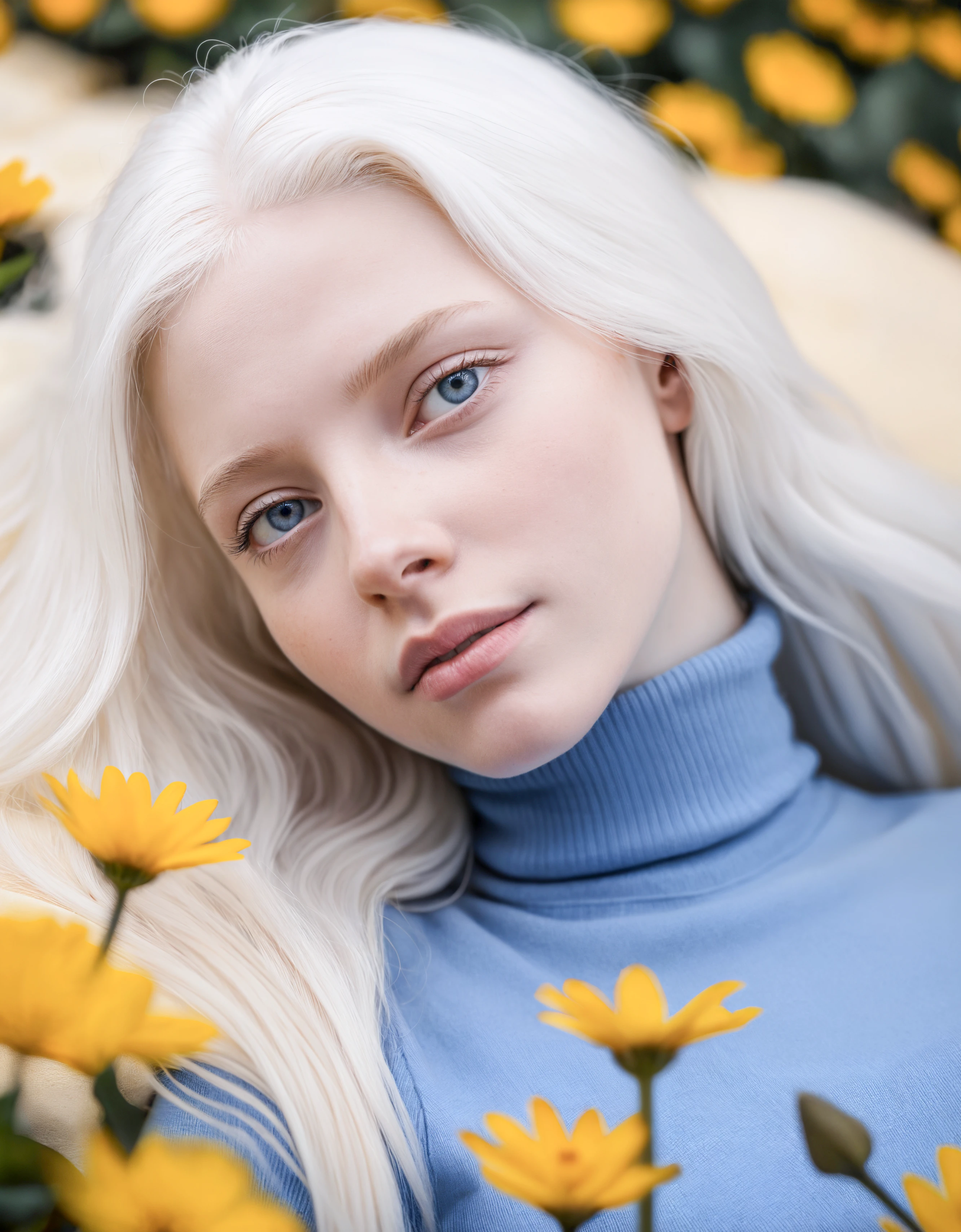 award winning photo macro shot of a beautiful albino young woman lying in a majestic yellow flowerbed, white hair, dynamic lighting, cinematic still, pale skin, screencap, skin texture, contemplative, smirk, piercing blue eyes, extremely long hair, sleek hair, portrait, dynamic pose, (blue turtleneck), 100mm f/2.8 macro lens,