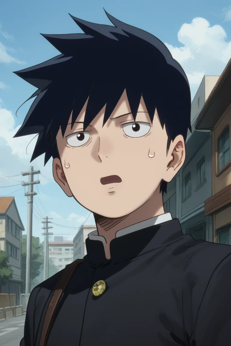 score_9,score_8_up, score_7_up, score_6_up,
ritsu kageyama, black hair, black eyes, official style, 1boy, male focus, gakuran, school uniform, solo, cloud, building, sweatdrop, cloudy sky, sky, open mouth, outdoors