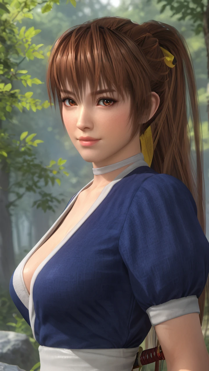 score_9, score_8_up, score_7_up, kasumidoa5lr, kasumioutfit, pelvic curtain, choker, forest, blurry background, 1girl, solo, long hair, ponytail, breasts, large breasts, cleavage, smile, looking at viewer <lora:kasumidoa5lrPONYXL:0.7>