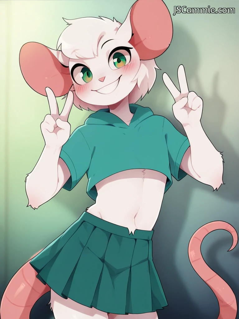 score_9, score_8, score_7, score_6, dagasi_style, solo, reggie, male, white, white mouse, anthro furry, green eyes, turquoise croptop, black pleated skirt, looking at viewer, double v sign, smile