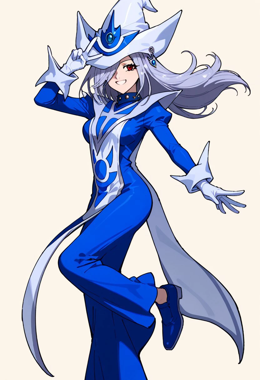 score_9, score_8_up, score_7_up, source_anime, good anatomy,1girl, solo, SilentMagicianOG, long hair, silver hair, swept bang, red eyes, medium breasts, SiMaClassic, white and blue tabard with silver trim, very long dress, blue dress, white gloves, puffy sleeves, white and blue hat, wizard hat, metal choker, hat over one eye, standing, smiling, v v, blue shoes, leg up, on one leg, fluttering dress, fluttering tabard