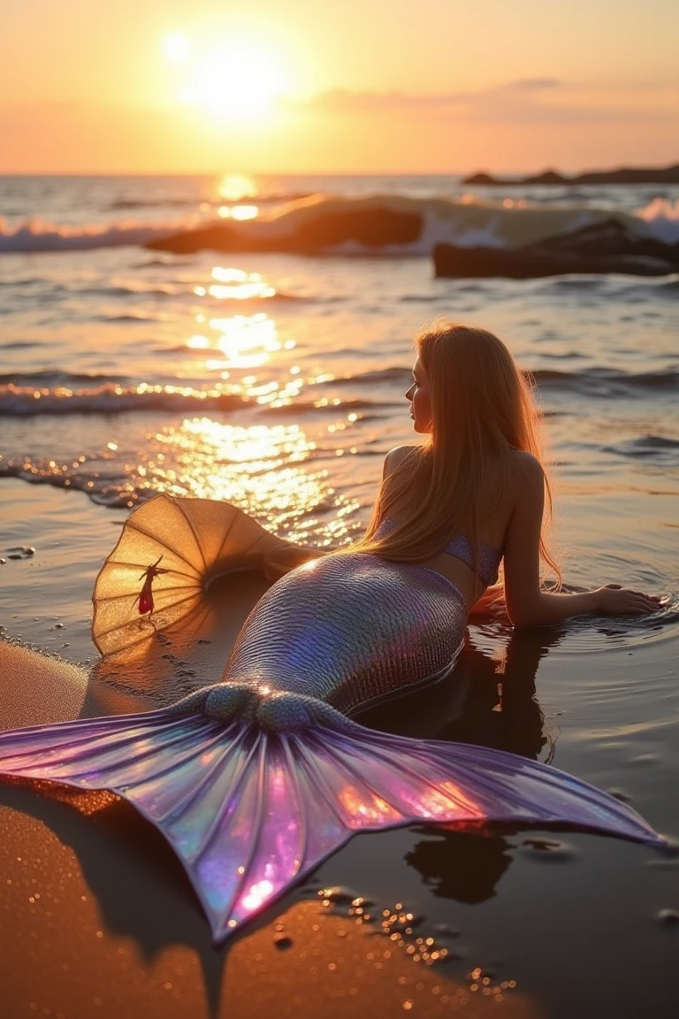 The photograph captures a serene beach scene at sunset, with a mermaid figure prominently featured. The mermaid is lying on her stomach on the wet sand near the water's edge, with her tail shimmering in the sunlight. Her tail is a mesmerizing blend of iridescent colors, shifting between shades of gold, pink, and blue, creating a dazzling effect.