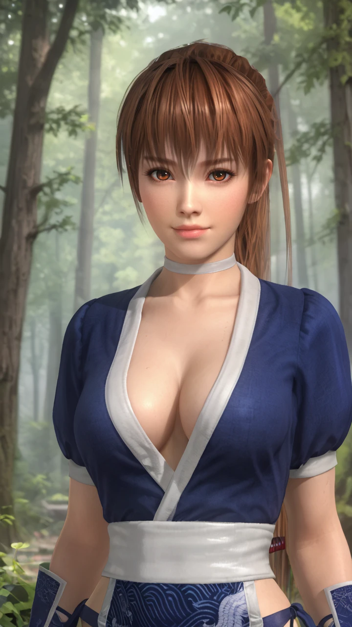 score_9, score_8_up, score_7_up, kasumidoa5lr, kasumioutfit, pelvic curtain, choker, forest, blurry background, 1girl, solo, long hair, ponytail, breasts, large breasts, cleavage, smile, looking at viewer <lora:kasumidoa5lrPONYXL:0.7>