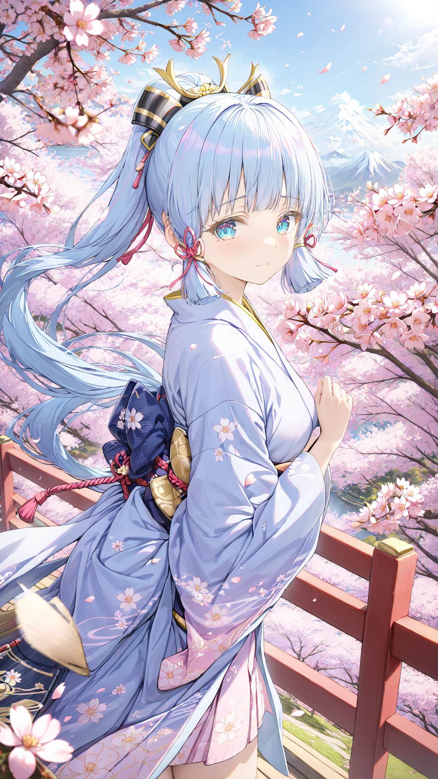 masterpiece, best quality, scenery, kamisato ayaka, 1girl, blue eyes, looking at viewer, japanese clothes, wind, cherry blossoms,