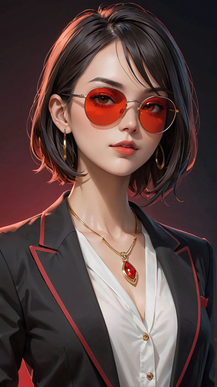 Stylized digital portrait of a person with fair skin and short, dark hair. The subject is wearing red-tinted sunglasses, a white shirt, and a black blazer. They have a confident expression with slightly parted lips and a relaxed posture. The background is a solid, vibrant red, which contrasts with the subject's attire. The person is accessorized with gold jewelry, including a necklace with a pendant and small hoop earrings. The overall composition is bold and striking, with a focus on the subject's face and upper body. easynegative, sinozick style, flat color, dark theme, g4n1m3