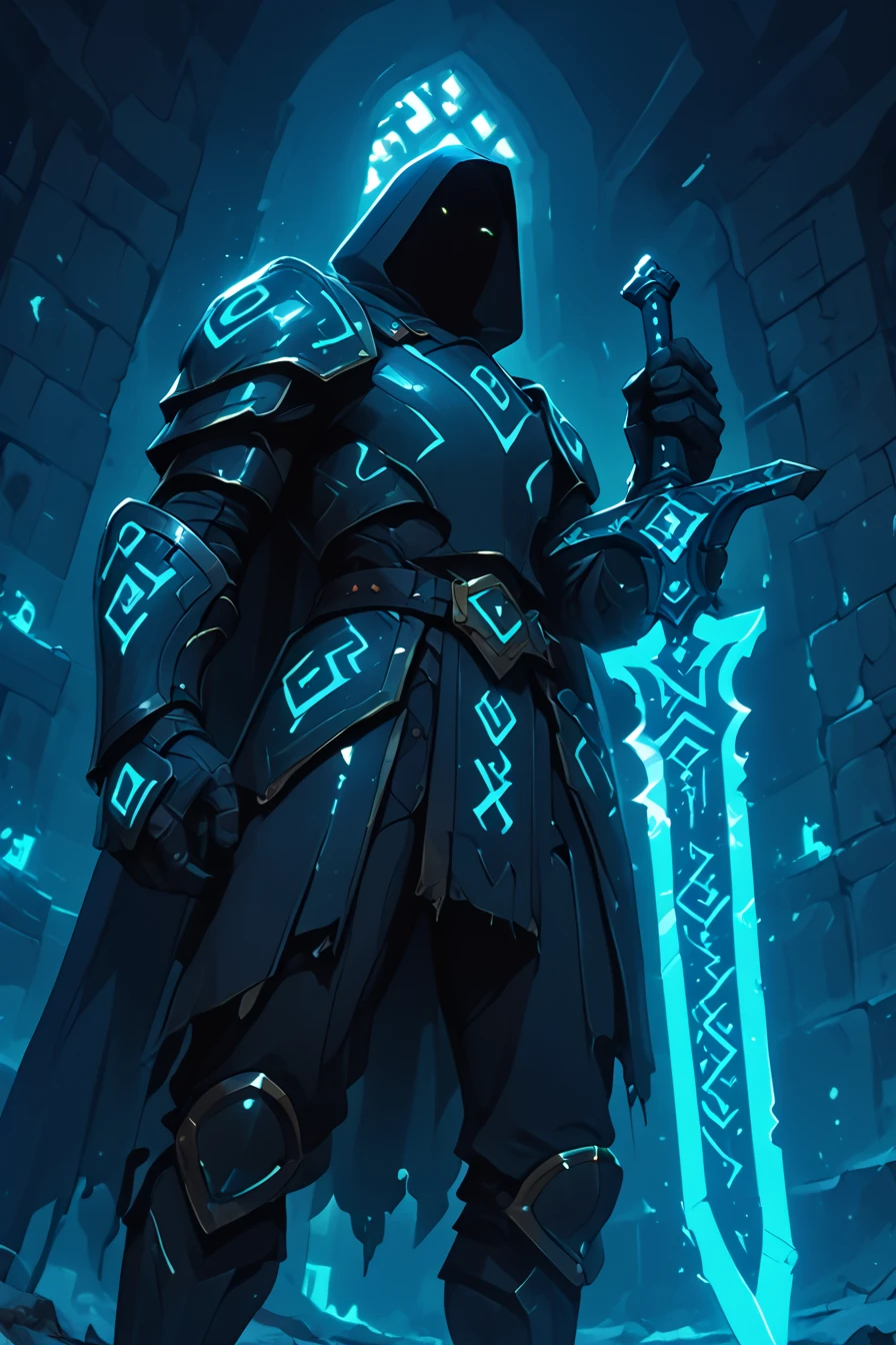 score_9, score_8_up, score_7_up, upscale 2x,(Low angle view of a fantasy male knight exploring some old ruins, wearing armor with blue glowing details and a winter cape, holding a sword, the blade is outlined in glowing and had glowing symbols along the blade, dungeon and runes in background, runesword, close up focus on the sword:1.2)