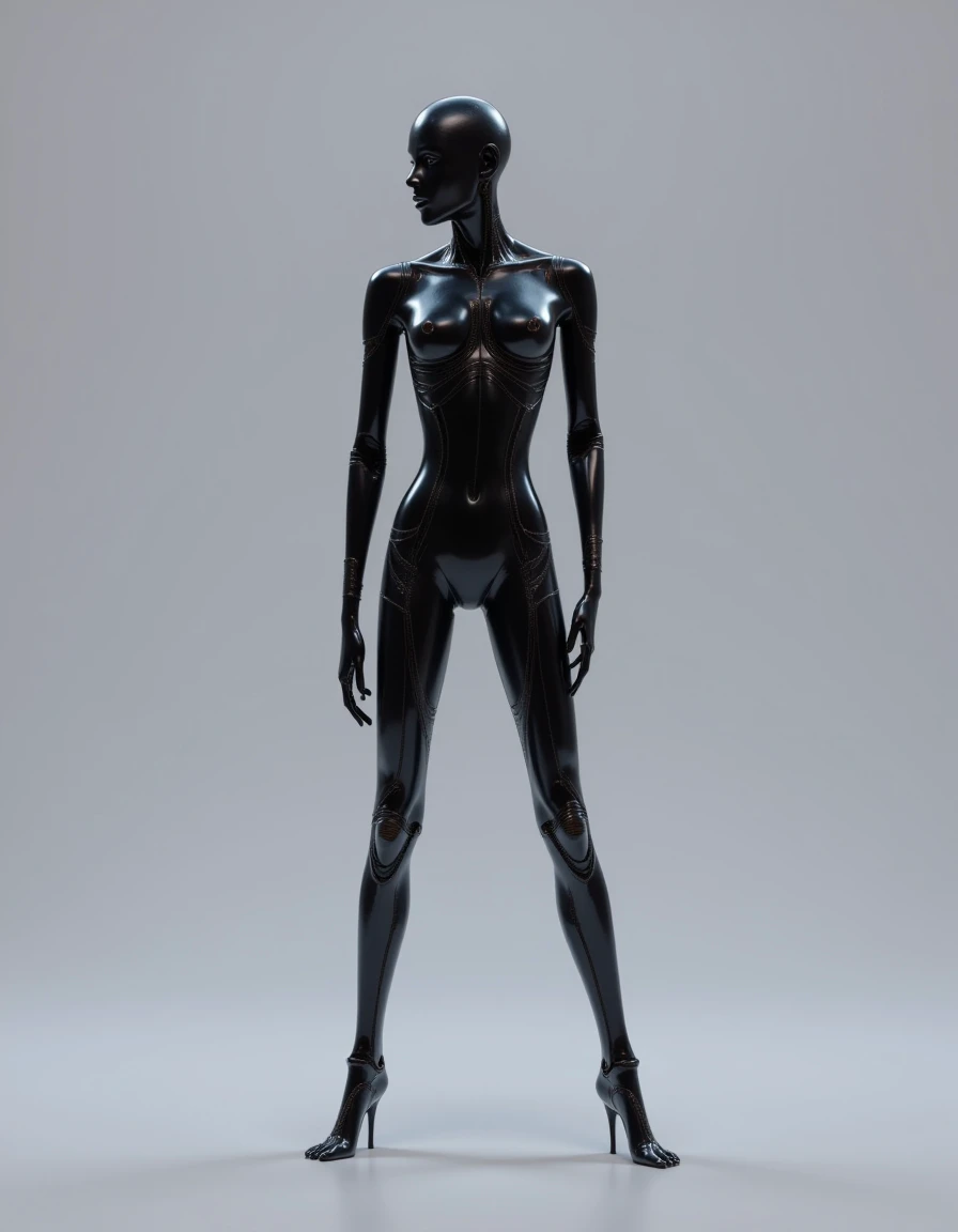 Hybrid_Hu_Al, a high-resolution CGI rendering, features a futuristic humanoid robot or android standing against a sleek, minimalist grey gradient background. The robot's slender, athletic frame exudes elegance and precision, with limbs and joints seamlessly integrated into its elongated body. Its skin, crafted from a high-gloss, deep black material, reflects light in a way that creates a sleek, liquid-like shine, evoking a sense of both sophistication and power. The smooth, flowing design of its body suggests advanced engineering, hinting at a world where robotics and artificial intelligence have reached near-perfect human-like refinement, yet with an otherworldly allure