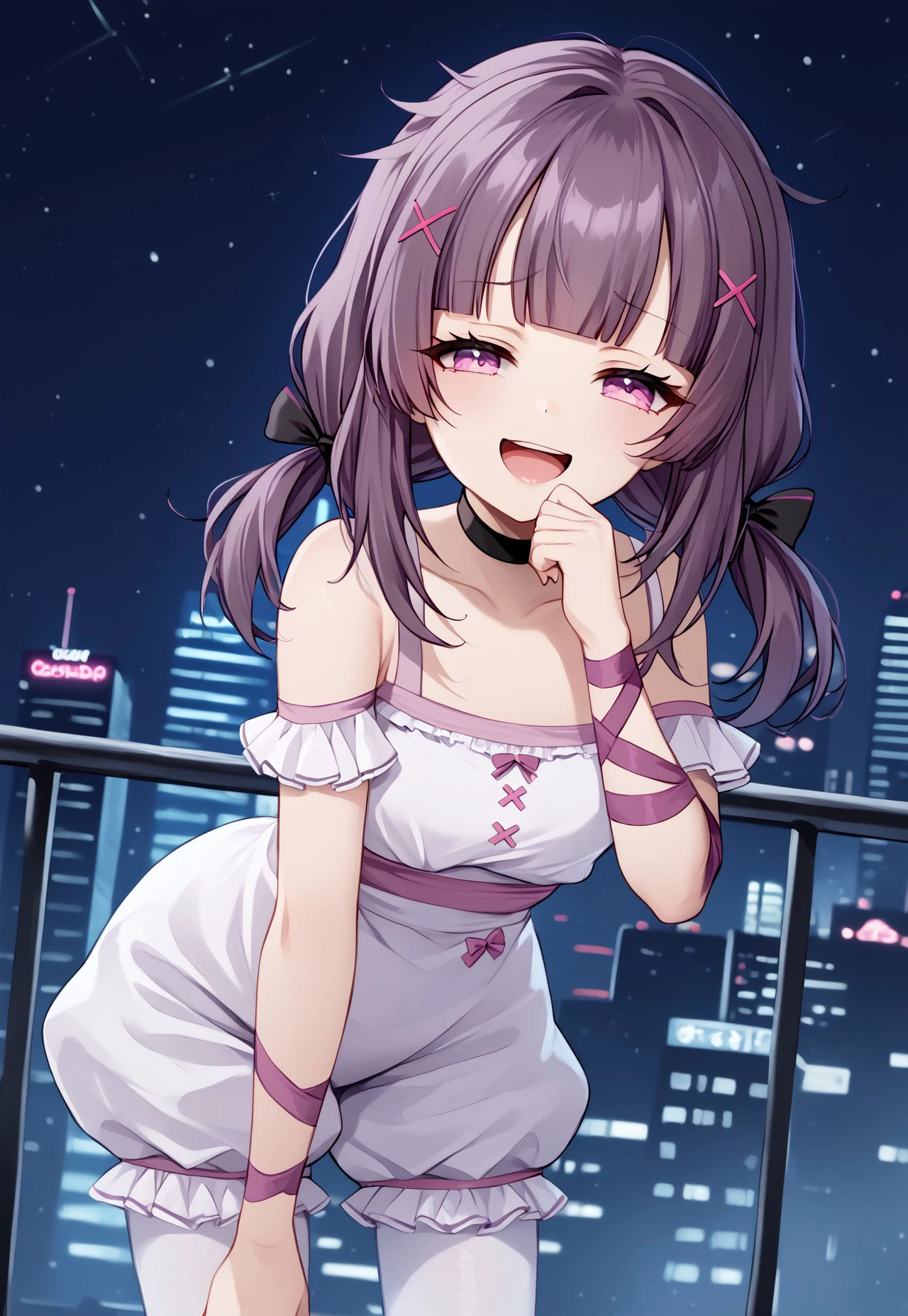 safe_pos, 1girl, solo, highres, Shondo2ndC, x hair ornament, twintails, long hair, pink eyes, brown hair, hair bow, hairclip, purple hair, medium hair, purple eyes, low twintails, blunt bangs,

collarbone, pink ribbon, bare shoulders, ribbon, dress, bow, white dress, choker, frills, bloomers, arm ribbon, white pantyhose,
 
looking at viewer, smug, open mouth, leaning forward, hand to own mouth, laughing,

night, night sky, cityscape, neon lights, backlighting,