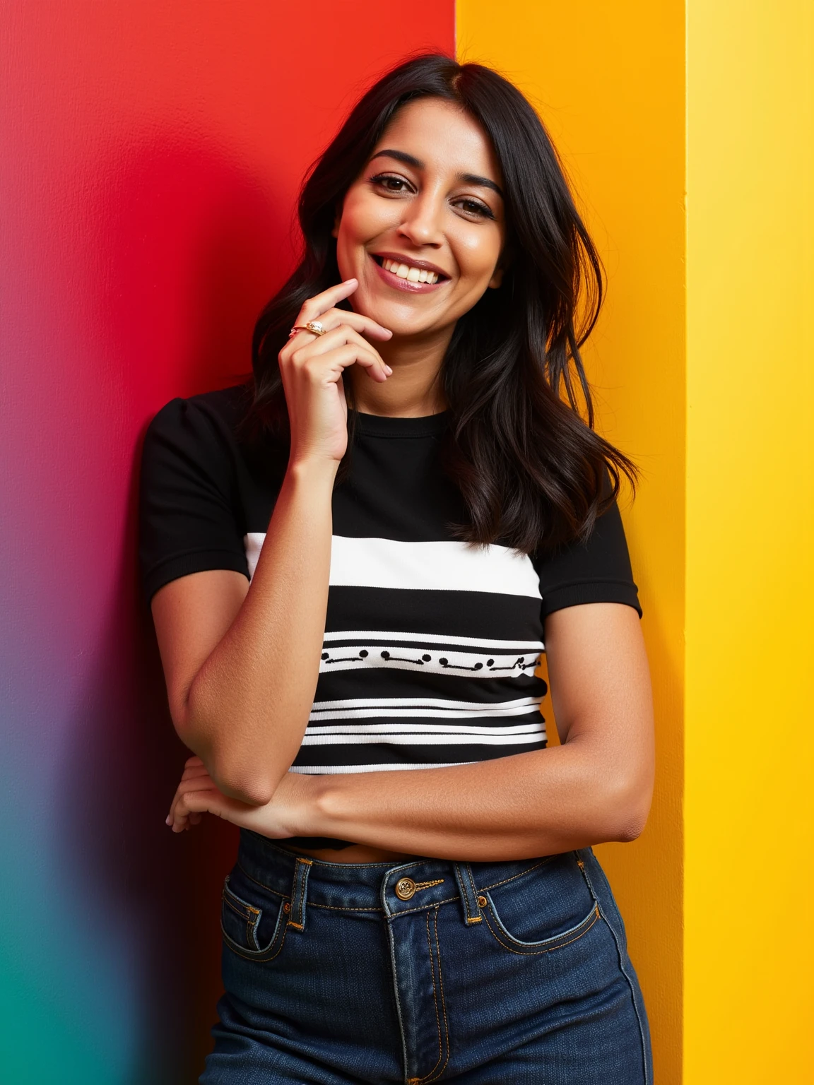 this is leilabekhti.
The image is a high-resolution photograph of leilabek, a woman standing against a plain gradient textured wall background that transitions from deep red at the top to a bright yellow at the bottom, with a hint of blue and green in the middle left and right. She has a medium skin tone and long, dark brown hair that falls loosely over her shoulders. Her facial features are soft and well-defined, with a subtle, natural makeup look. She has a joyful expression, with her a slight smile and her right hand gently touching her chin, fingers interlaced.
She is wearing a stylish, modern top that features a unique design with horizontal stripes. The top is primarily black with white stripes; the stripes are wider and more prominent than the black sections, which are dotted with small, irregularly shaped cut-outs, adding an interesting texture and visual interest to the garment. The sleeves of the top are short, ending just above her elbows.
She is also wearing high-waisted, dark blue denim jeans that have a subtle, faded effect, indicating they are likely a casual, everyday style.<lora:Leila-Bekhti_Flux1D_LOREVER:1>