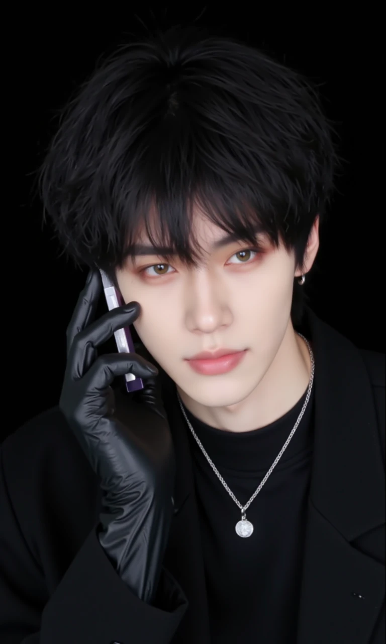 cell phone, black hair, 1boy, mole, mole under eye, male focal point, jewelry, necklace, solo, short hair, black gloves, black shirt, looking at audience, shirt, closed mouth, bangs, green eyes, black background, portrait