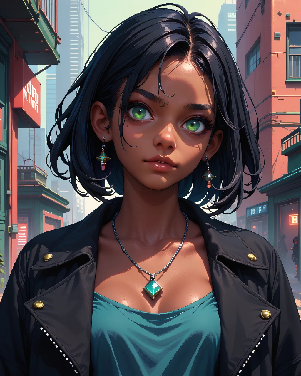 (score_9,score_8_up,score_7_up), pixel art neo-noir, 1girl, solo, jewelry, necklace, jacket, black hair, green eyes, looking at viewer, breasts, dark-skinned female, upper body, dark skin, shirt, pendant, open clothes, black jacket, open jacket, medium hair , <lora:neonipixelnn:1> Pixel Art Neo-Noir