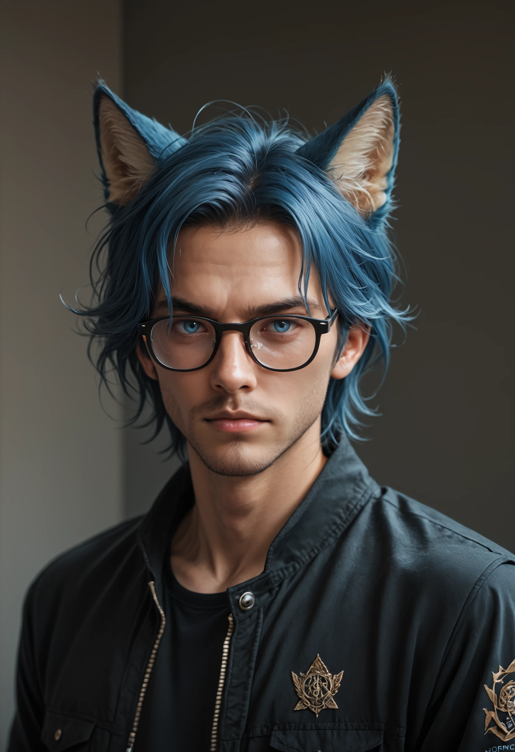 a man with blue hair and fox ears and glasses looking at the camera with a sultry look on his face and shoulders, black jacket, Score_PnyReal