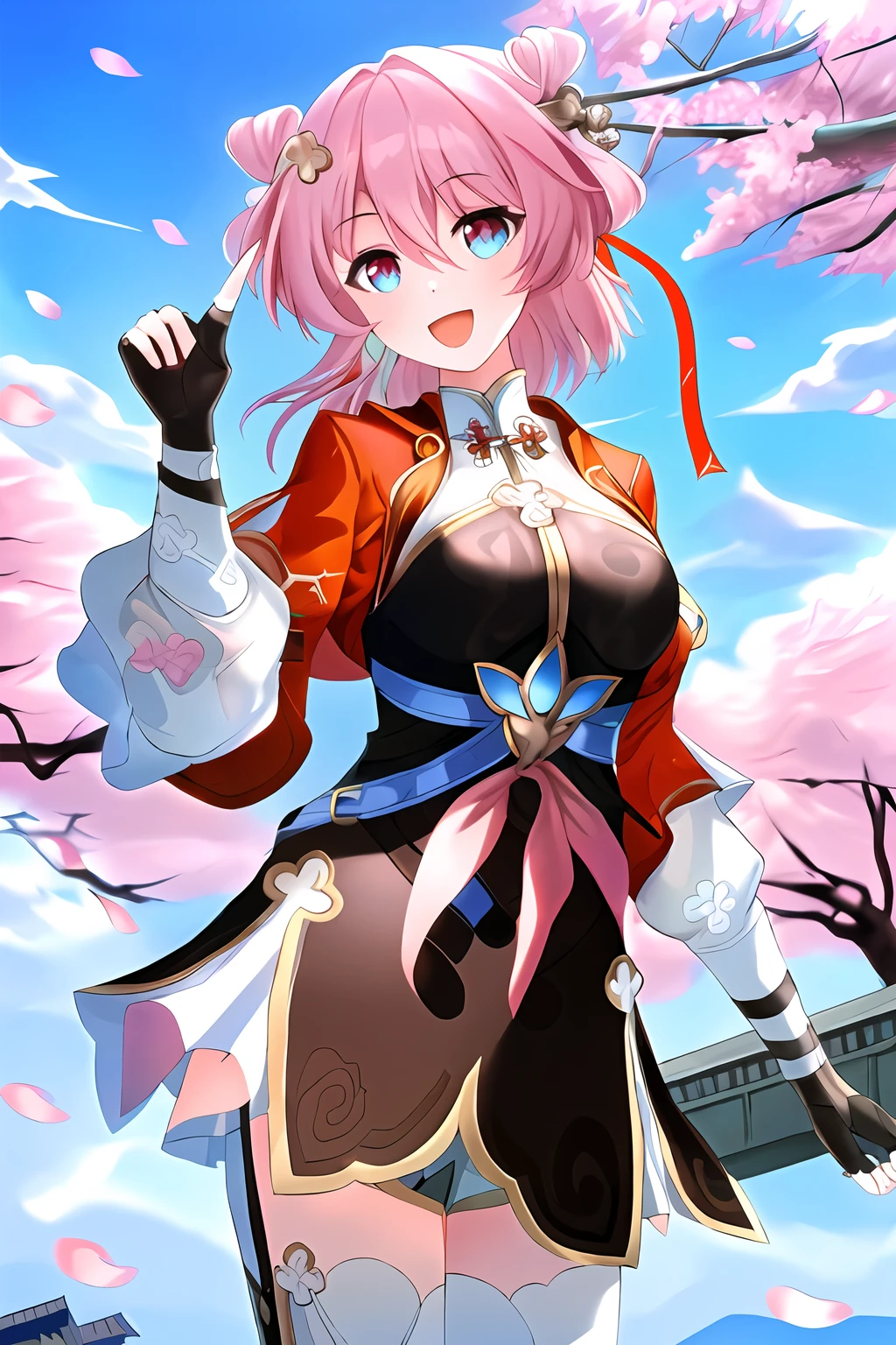 masterpiece, good quality,
1girl, <lora:Sakura_fe:1>, sakura_fe, red eyes, pink hair, hairband, japanese clothes, white cape, white thighhighs, white gloves, right hand on upper breast, left hand on knee,
smile, day, forest, trees, river, sitting on fallen tree,
