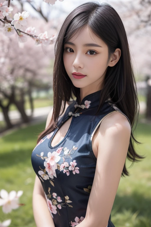 ltra-detailed,highly detailed,best quality,masterpiece,illustration, drawing, realistic, photorealistic,
qipao, 1girl, solo, 
chinese clothes, china dress, blue dress, 
long hair, bangs, 
looking at viewer, upper body, 
outdoors, nature, grass, cherry blossoms, wind, falling petals, 
 <lora:qipao_v3_06:0.6>