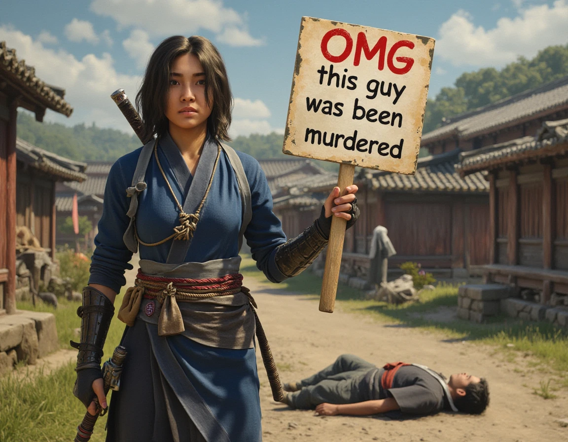 An oil painting of a ACNaoe woman with dark brown, shoulder-length, and slightly messy hair wearing a dark blue ninja outfit with arm guards. She is standing in a feudal Japanese village holding up a sign that reads "OMG this guy has been murdered". To her right is a dead villager lying on the ground