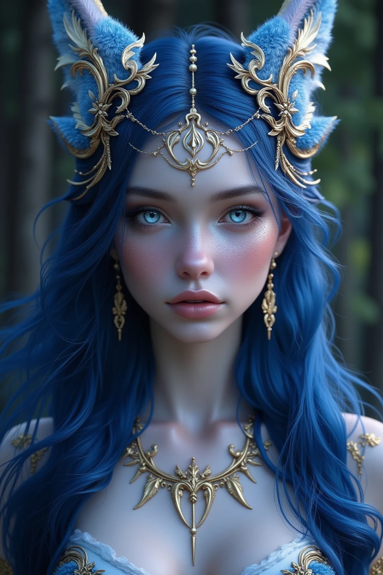This is a highly detailed digital artwork in a fantasy art style. The subject is a young, ethereal woman with a striking, otherworldly appearance. She has long, flowing, dark blue hair that cascades down her back, adorned with intricate, shimmering gold details that match the gold accents on her face and body. Her skin has a soft, luminescent blue hue, which contrasts beautifully with her bright, piercing blue eyes and rosy lips.