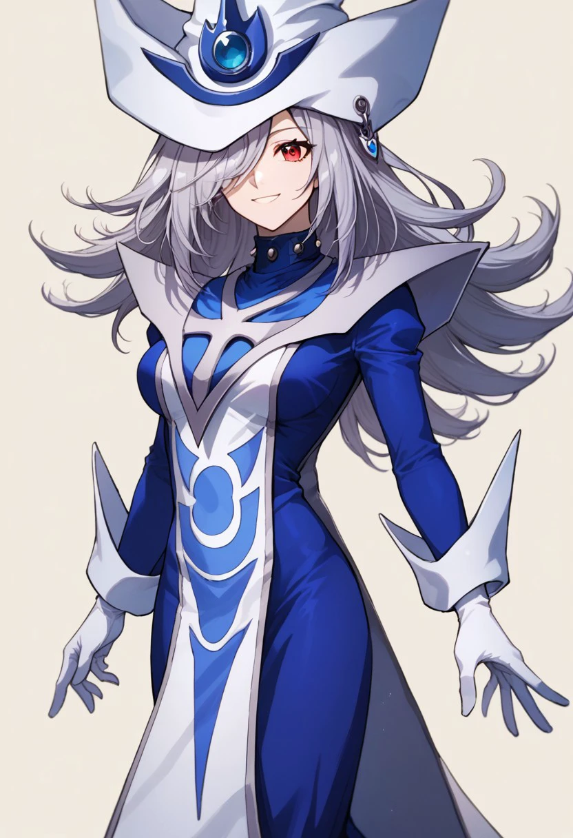 score_9, score_8_up, score_7_up, source_anime, good anatomy,1girl, solo, SilentMagicianOG, long hair, silver hair, swept bang, red eyes, medium breasts, SiMaClassic, white and blue tabard with silver trim, very long dress, blue dress, white gloves, puffy sleeves, white and blue hat, wizard hat, metal choker, hat over one eye, standing, smiling